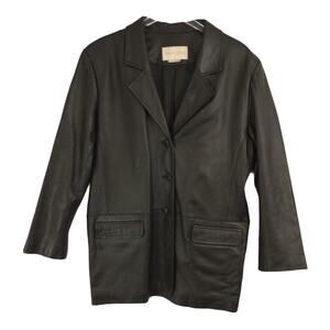 Margaret Godfrey Black Leather Button Front Jacket Coat  Women's Size 14 Pockets